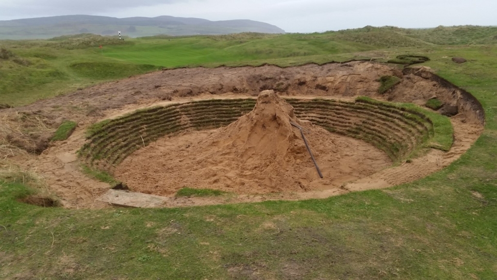 The fairway bunker at the 13th undergoing reconstruction work. This one has been stripped back a little bit further than some of the ones we have done previously as we wanted to lower the top line of the hazard, removing some of the blindness that frustrates first-time visitors on this hole.