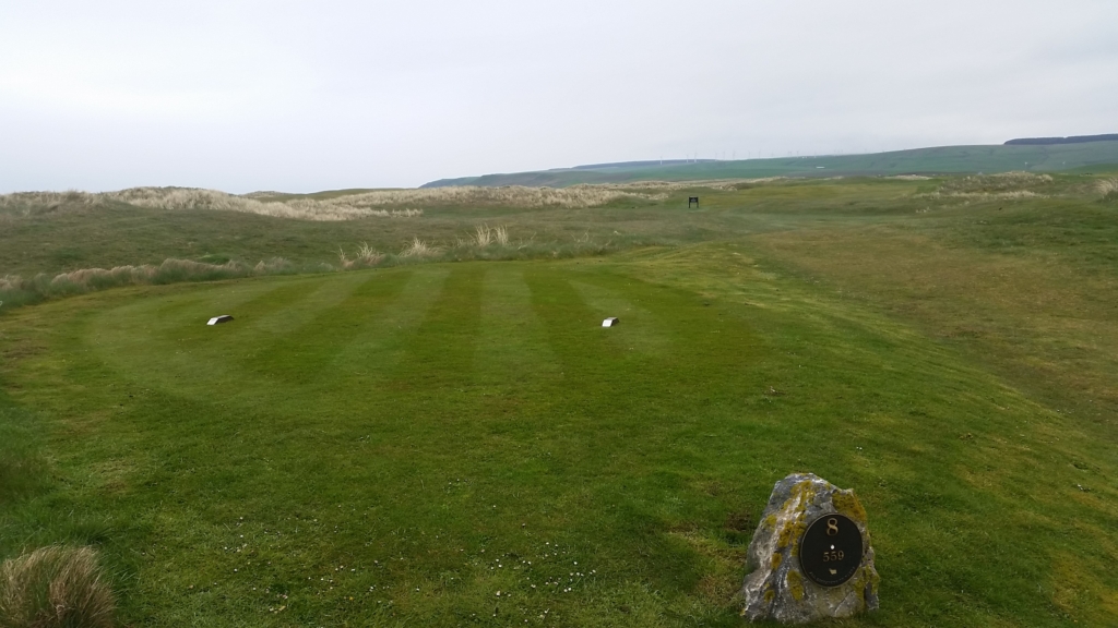 A typical tee at Machrihanish Dunes. The design creates a great visual impact but they are very small, with limited scope for shifting markers to allow germination of new seed and recovery from wear. 