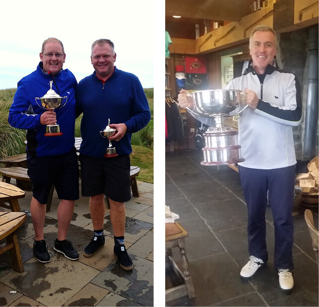 Gary Shepperd and Steven Gilmour with the club championship trophies, and Jonathan Bruce with the Black Sheep Cup.