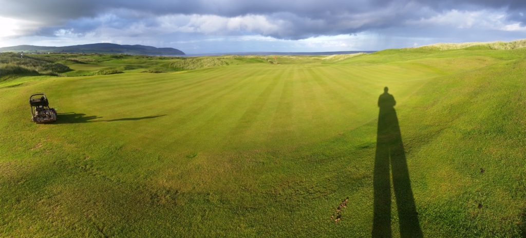 A rare morning in September when it wasn’t actually raining. This isn’t a bad panorama, it’s a shame I couldn’t keep the horizon as straight with the camera as I kept my lines with greens mower though!!